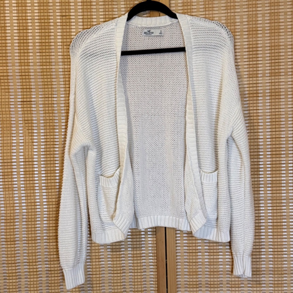 Hollister White Open Front Knit Cardigan Sweater Pockets Small Preppy Office